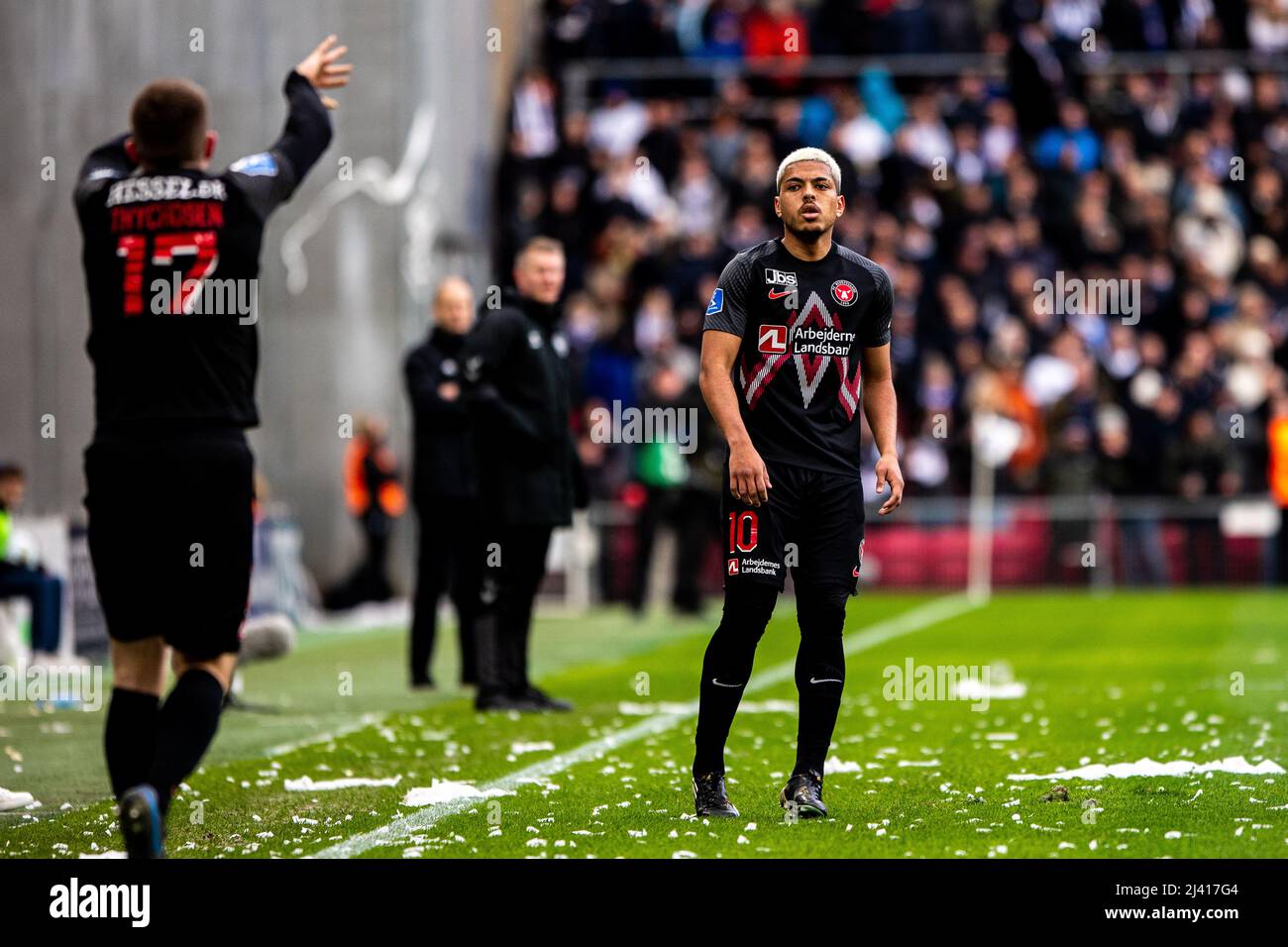 Copenhague, Danemark. 10th avril 2022. Evander Ferreira (10) du FC Midtjylland vu lors du match Superliga de 3F entre le FC Copenhague et le FC Midtjylland à Parken à Copenhague. (Crédit photo : Gonzales photo/Alamy Live News Banque D'Images