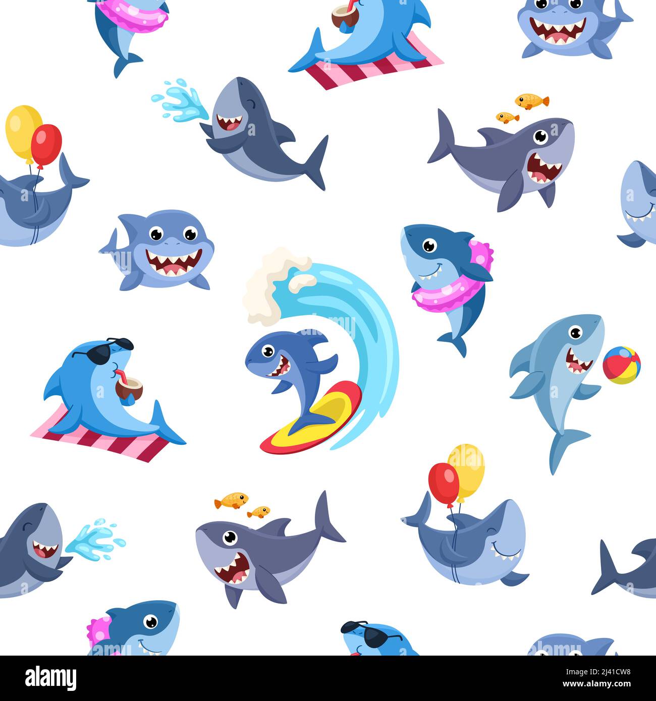 Motif de requin sans couture. Dessin animé, surf de requin, vie sous-marine. Imprimé tissus marins, personnages sauvages les plus coupés de l'océan. Animaux amusants vecteur garish d'été Illustration de Vecteur