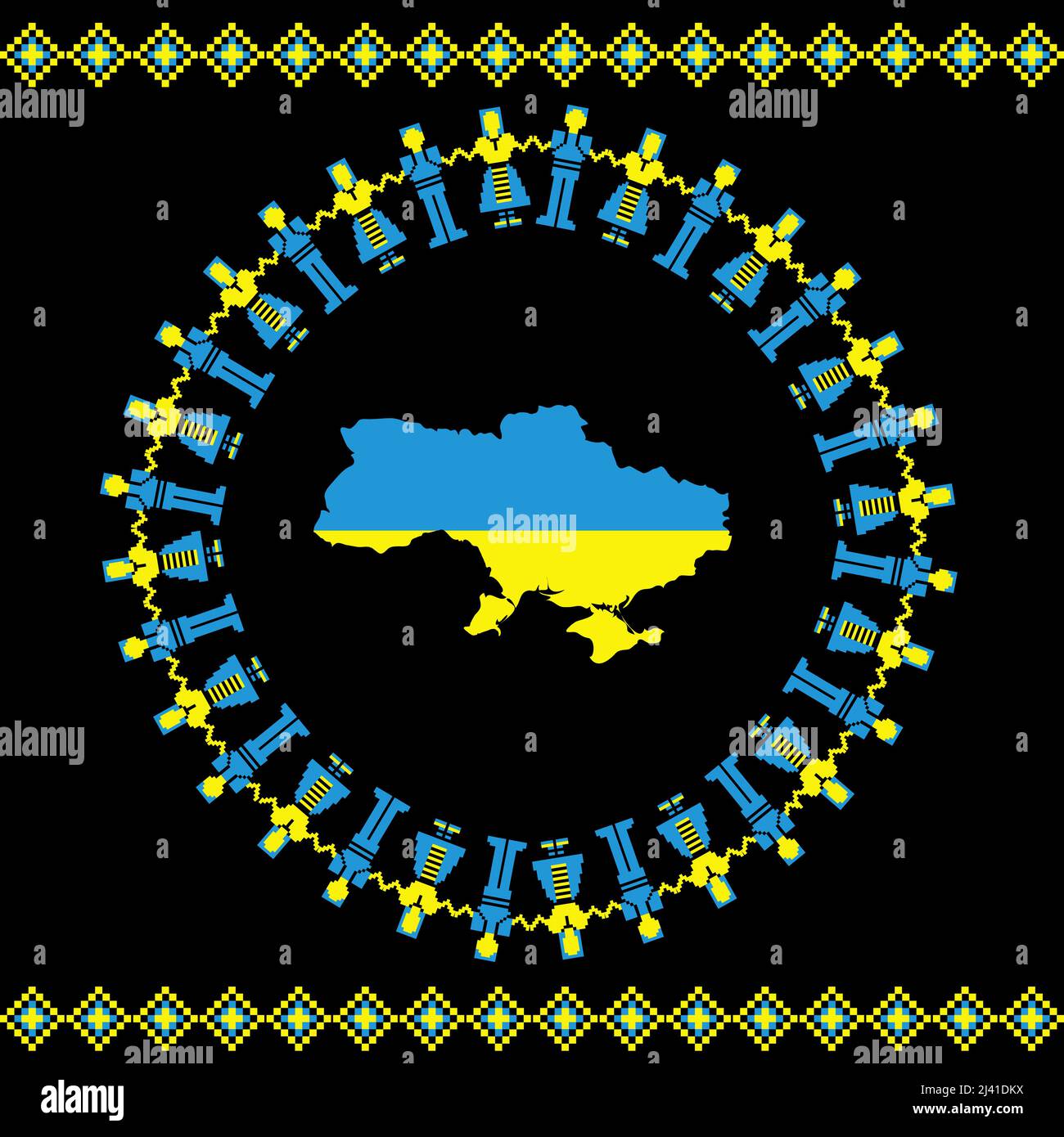 Les personnes en Ukraine drapeau couleurs dansant autour de la carte de l'Ukraine coloré avec des couleurs de drapeau Illustration de Vecteur