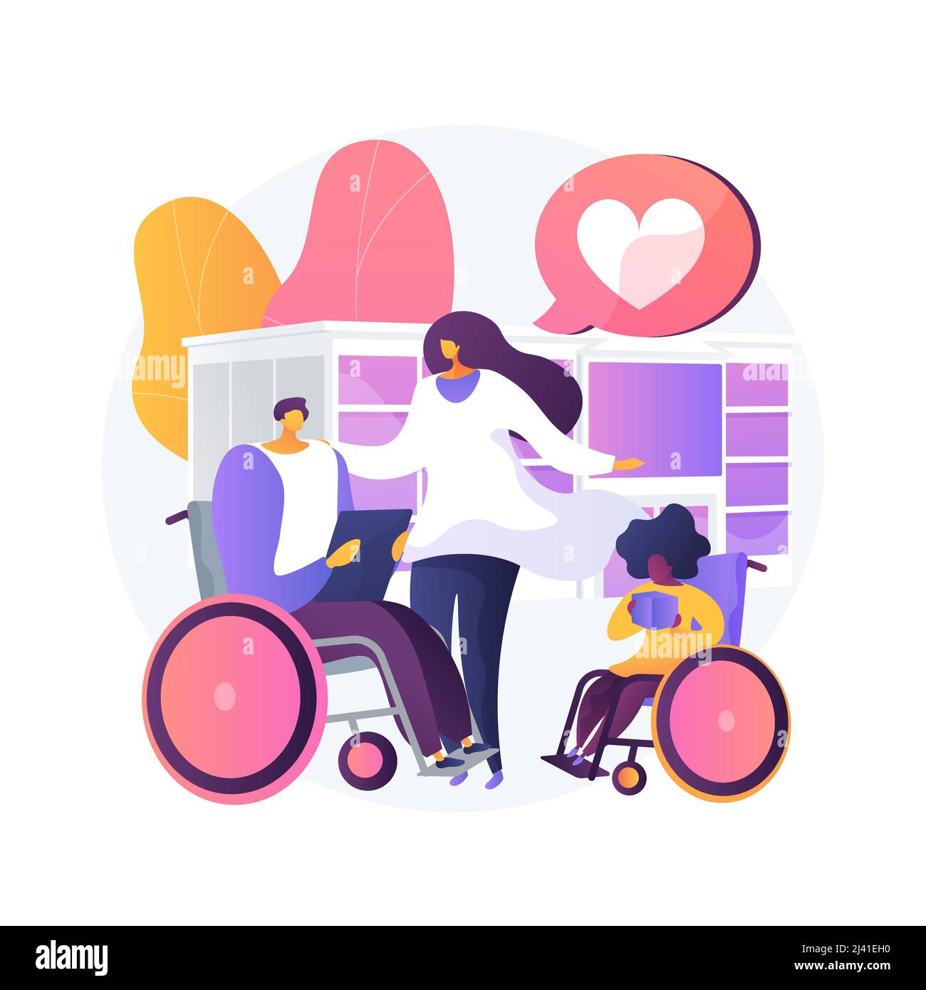 Entretien de l'illustration du vecteur de concept abstrait désactivé. Soins d'invalidité, syndrome de Down, senior en fauteuil roulant, aide pour les personnes âgées, professionnel ho Illustration de Vecteur
