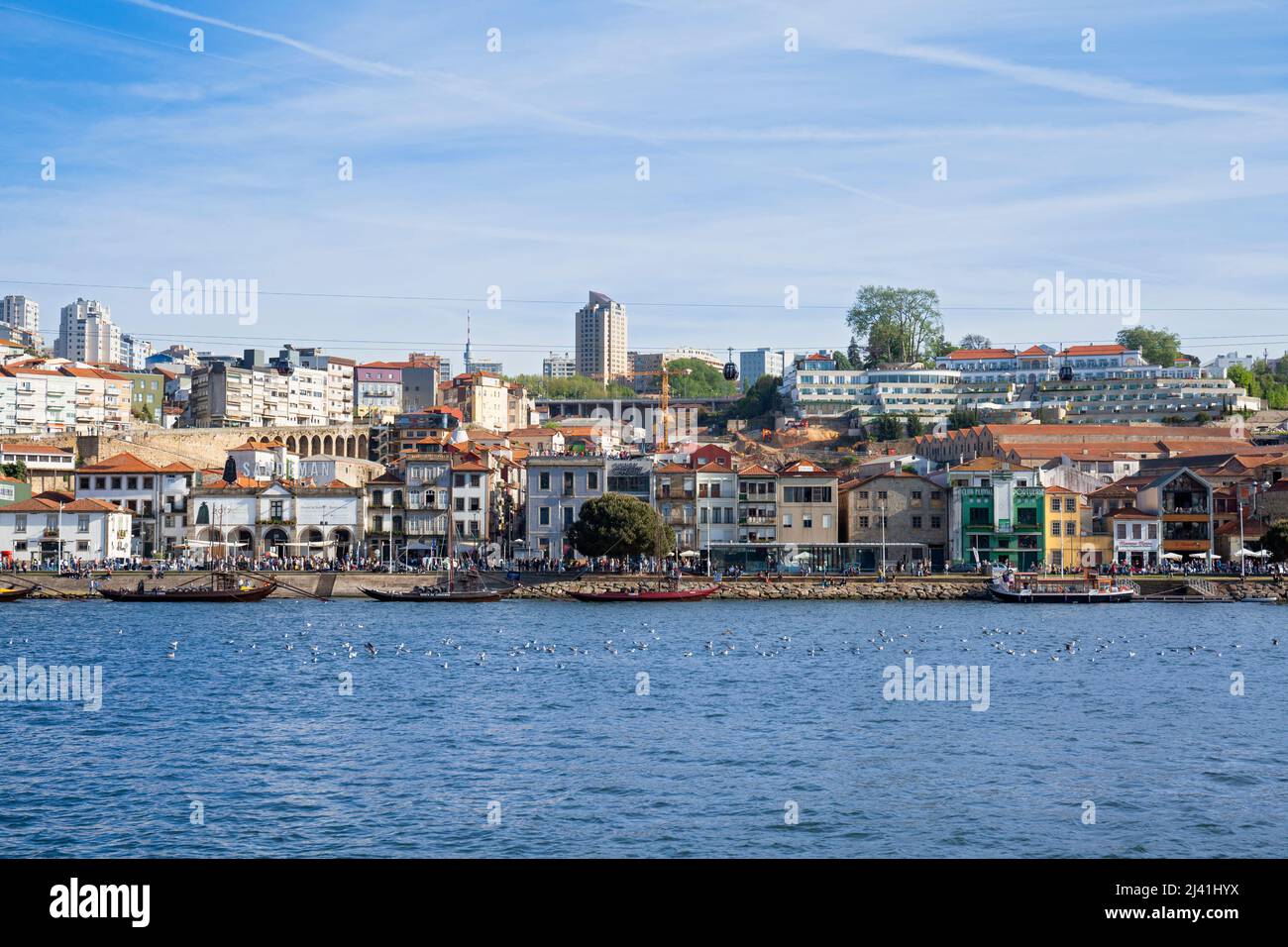 Le fleuve Douro avec des caves traditionnelles de Port le long de l'avenue de Diogo Leite, Vila Nova de Gaia, Porto, Portugal, Europe Banque D'Images