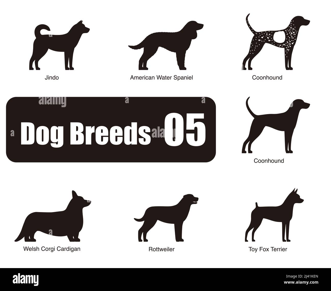 Chiens races, debout sur le sol, vue latérale, silhouette, noir et blanc, illustration vectorielle, série d'images de dessins animés pour chiens Illustration de Vecteur