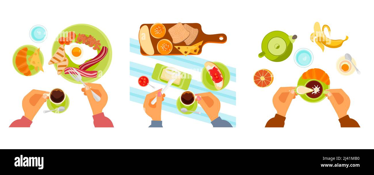 Vue de dessus sur différents plats de petit déjeuner. Illustration de Vecteur