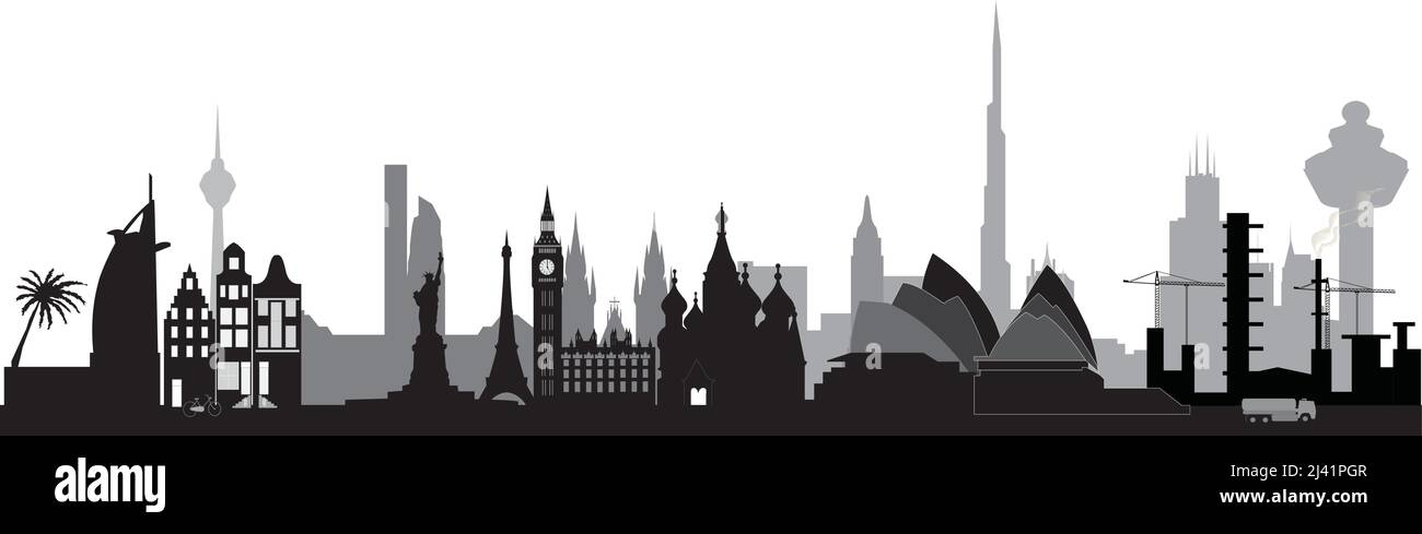illustration de l'horizon de la ville mondiale en noir et blanc Illustration de Vecteur