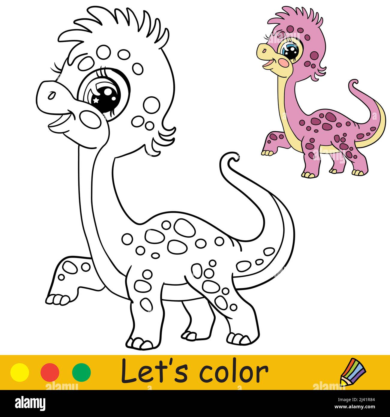 Dessin animé dinosaure diplodocus mignon. Page de livre de coloriage avec modèle coloré pour les enfants. Illustration vectorielle isolée. Pour livre de coloriage, impression, jeu, pa Illustration de Vecteur