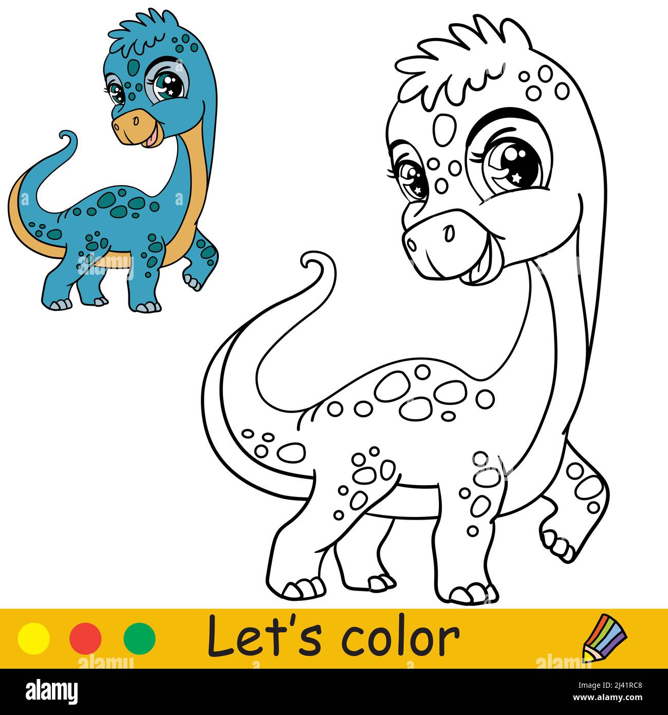 Dessin animé dinosaure diplodocus mignon. Page de livre de coloriage avec modèle coloré pour les enfants. Illustration vectorielle isolée. Pour livre de coloriage, impression, jeu, pa Illustration de Vecteur