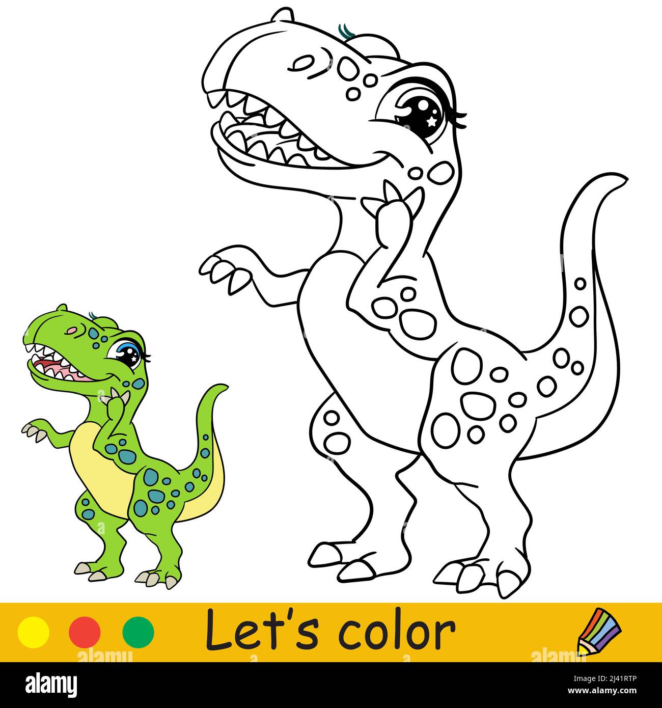 Dessin animé dinosaure tyrannosaurus mignon. Page de livre de coloriage avec modèle coloré pour les enfants. Illustration vectorielle isolée. Pour livres à colorier, imprimés, jeux, Illustration de Vecteur