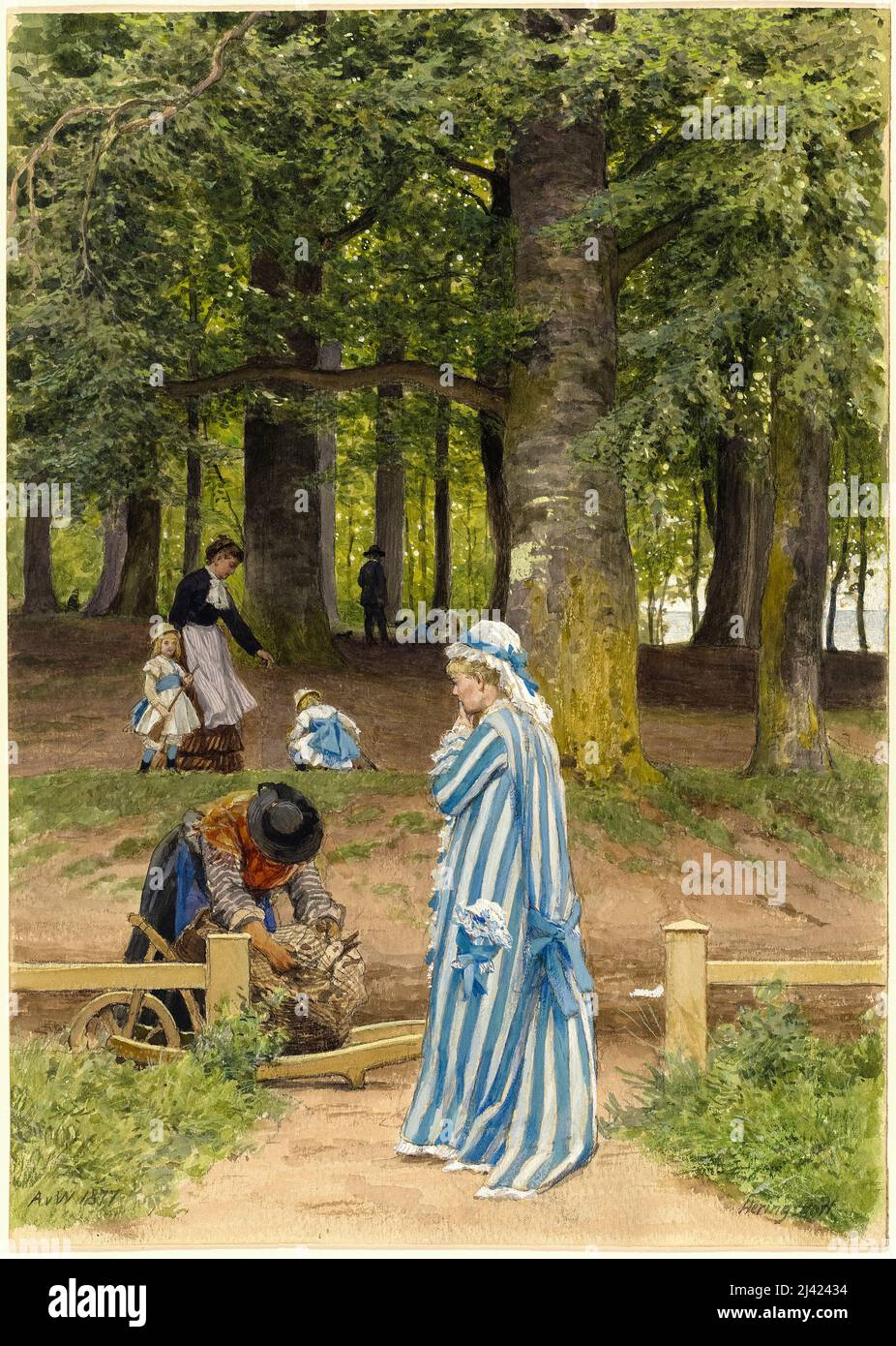 Anton von Werner, femme et fille de l’artiste dans un parc à Heringsdorf, peinture 1877 Banque D'Images