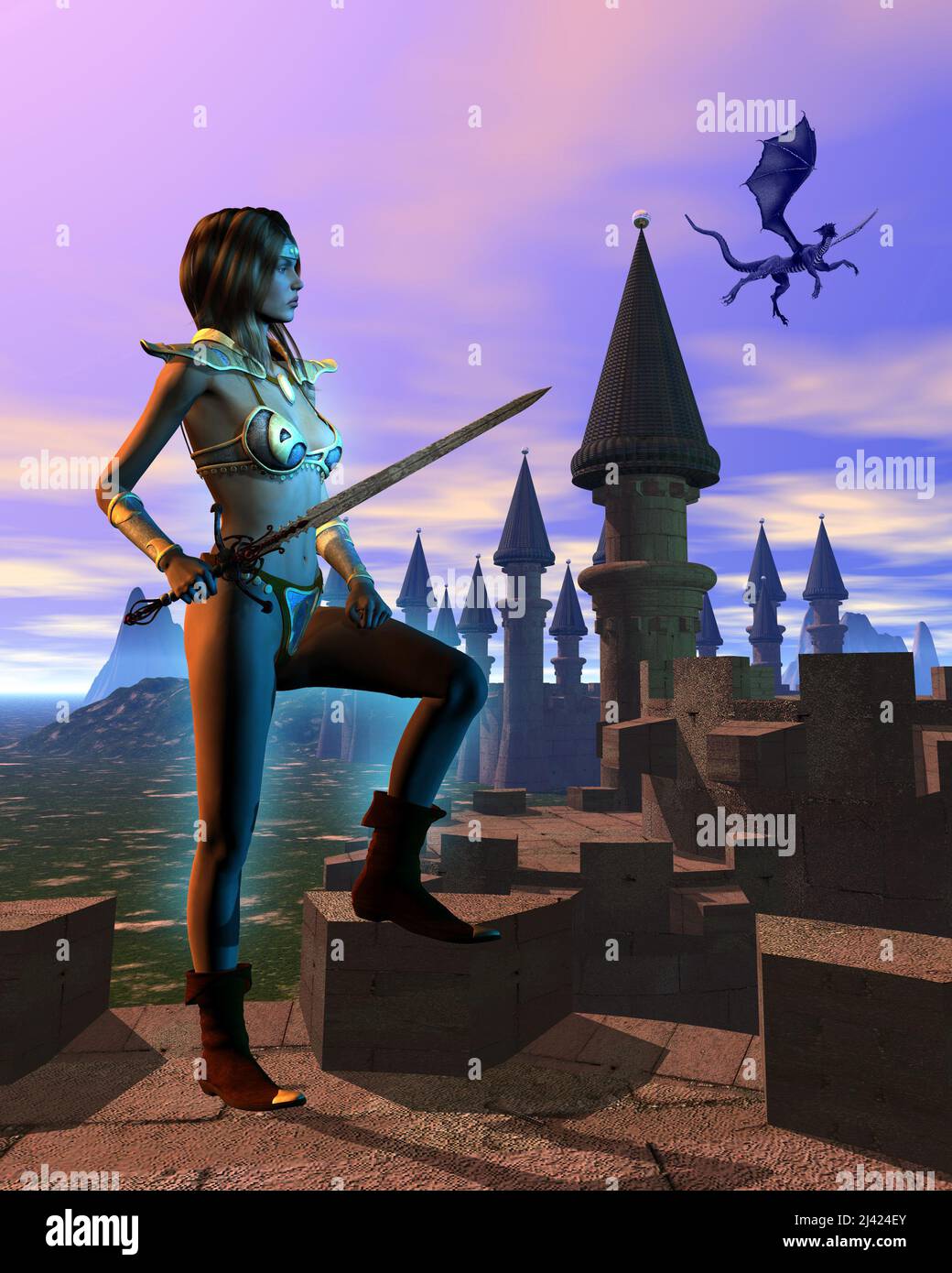 fantasy guerrier femme avec épée près du château, dans le ciel un dragon vole, 3d illustration Banque D'Images