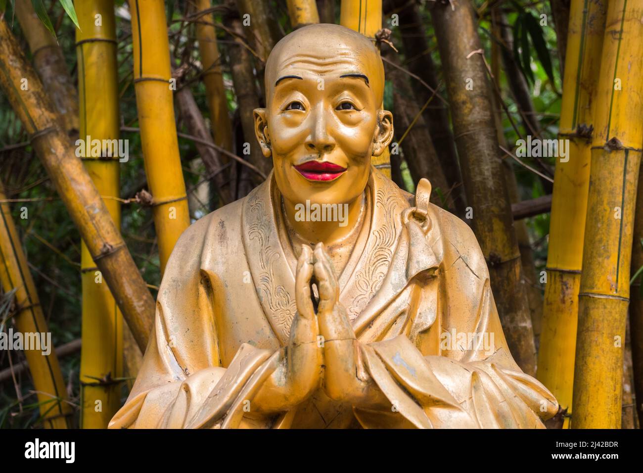 Magnifique statue de bouddha unique en vue rapprochée, en regardant l'appareil photo. Sculpture religieuse dorée représentant un bouddhiste/moine. Dix mille Bouddhas Monast Banque D'Images Magnifique statue de bouddha unique en vue rapprochée, en regardant l'appareil photo. Sculpture religieuse dorée représentant un bouddhiste/moine. Dix mille Bouddhas Monast Banque D'Images