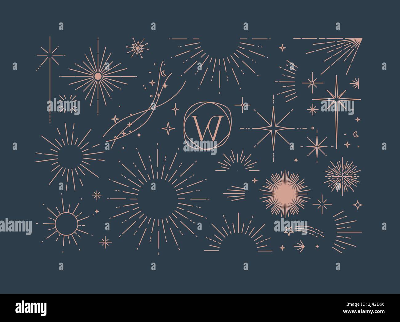 Ensemble de design plat éléments soleil, coucher de soleil, poutres de soleil, étoiles frontières, cadre en ligne moderne dessin avec des lignes de couleur marron sur fond bleu Illustration de Vecteur