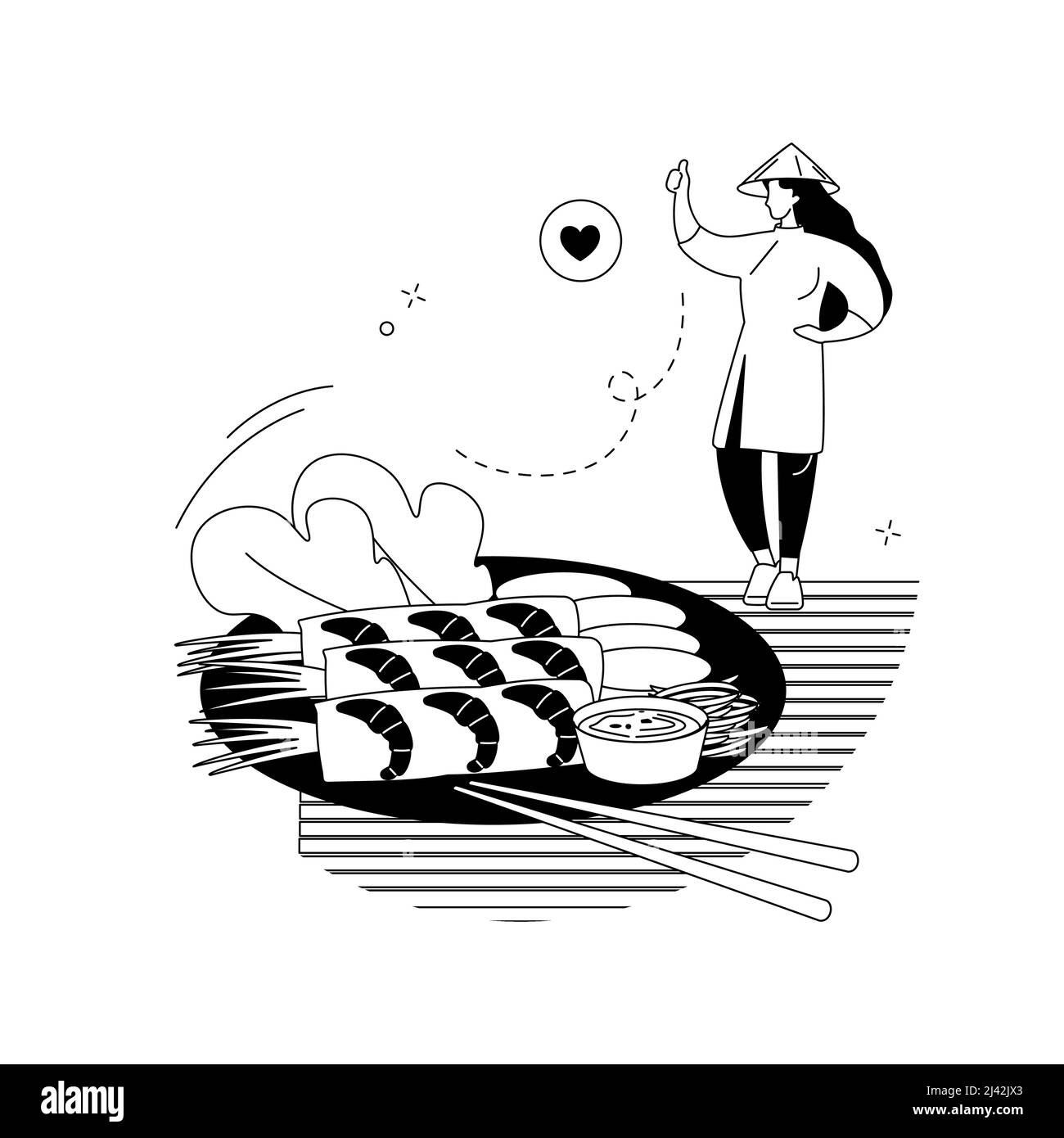 Illustration vectorielle abstraite du concept de cuisine vietnamienne. Place vietnamienne végétarienne, recette de rouleau de printemps, menu de restaurant oriental, cuisine asiatique épicée, Illustration de Vecteur