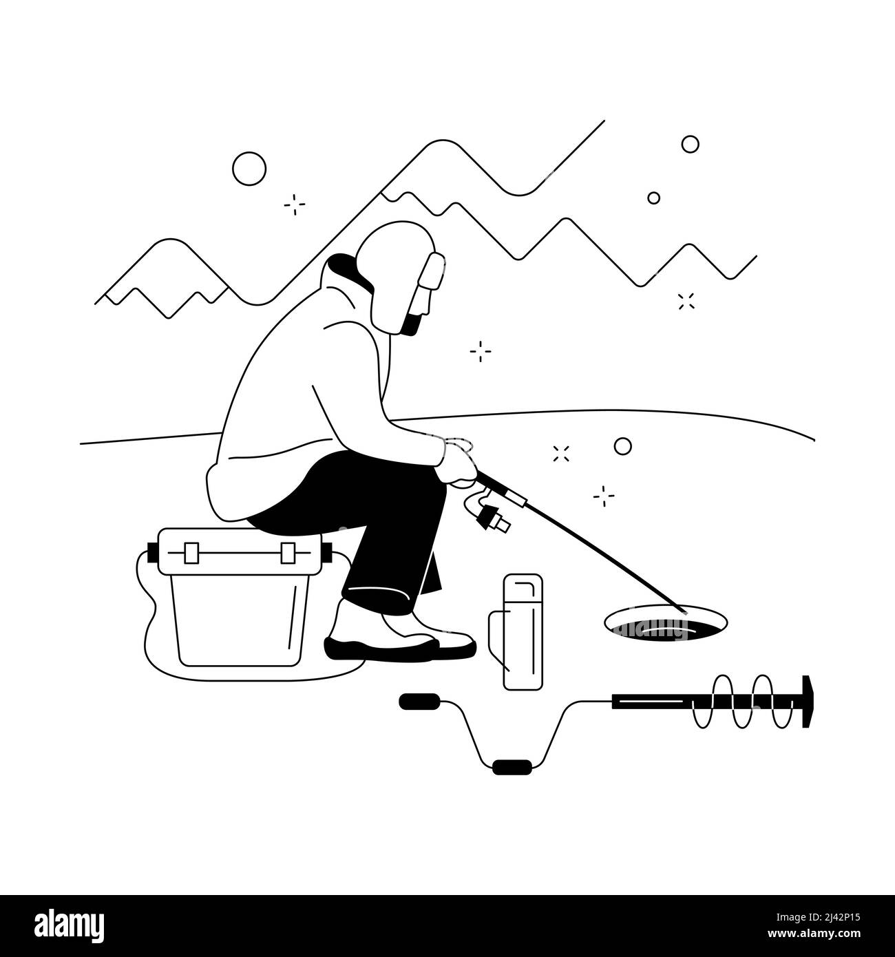 Illustration vectorielle abstraite du concept de la pêche sous la glace. En hiver, activités de plein air, outils de pêche sur glace, boutique d'équipement en ligne, conseils aux pêcheurs, pêche, fro Illustration de Vecteur