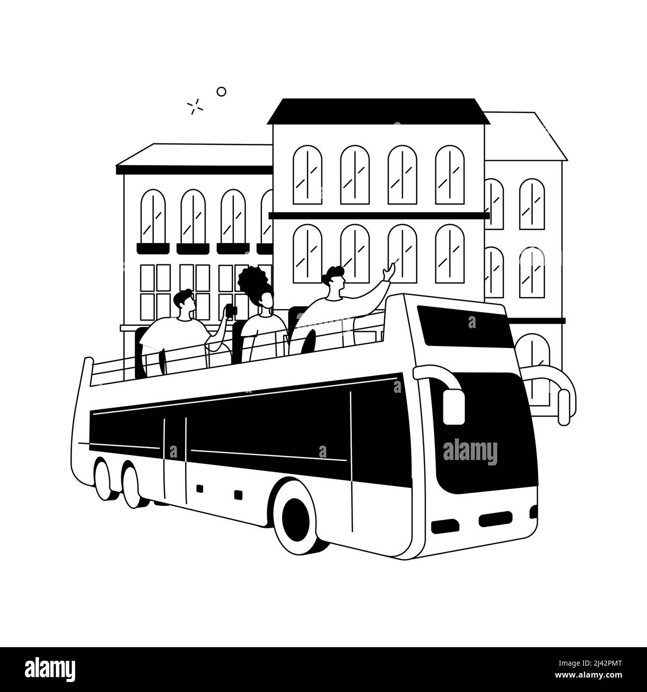 Illustration vectorielle abstraite de la visite de la ville. Groupe touristique de la ville, tourisme urbain moderne, visite avec guide, bus à impériale, vacatio Illustration de Vecteur