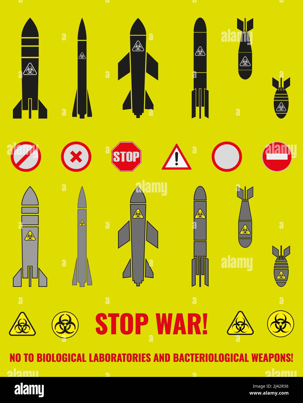 Ensemble d'icônes de bombes, de missiles et de signes de symboles anti-guerre. Constructeur. L'inscription STOP WAR! NON AUX LABORATOIRES BIOLOGIQUES ET BACTER Illustration de Vecteur