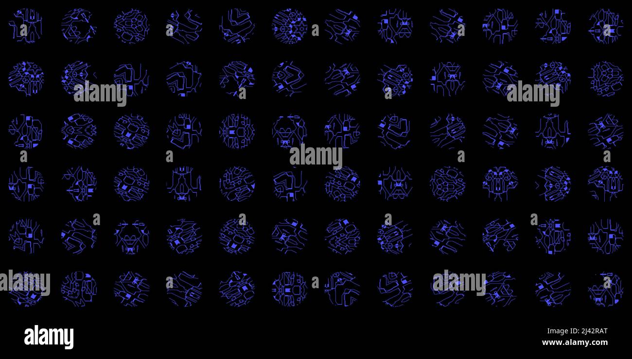 Hiéroglyphes exotiques générés par ordinateur, symboles isolés sur fond noir, alphabet extraterrestre numérique, formes souples arrondies et courbes. Civilisation bleue extraterrestre Banque D'Images