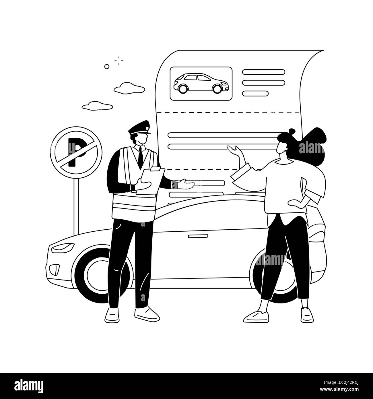 Illustration vectorielle abstraite du concept des amendes de stationnement. Pas de zone de stationnement, lieu restreint, avis de pénalité, violation des règles, bon billet, paiement en ligne Illustration de Vecteur