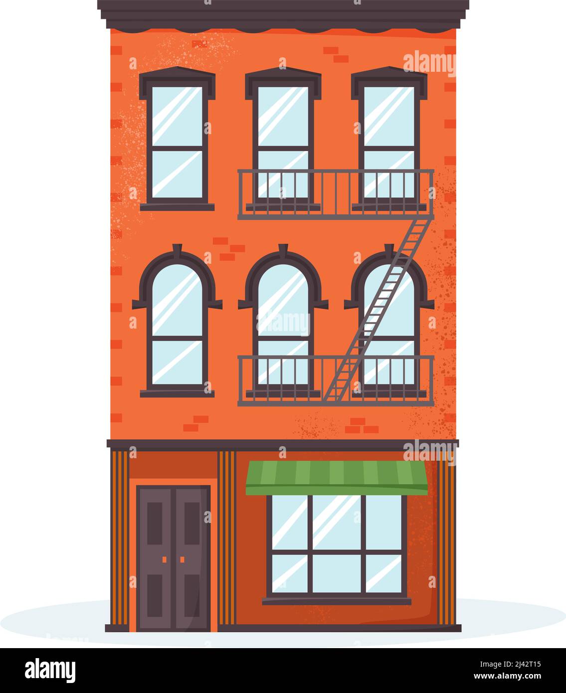 Façade de la maison de New York. Vue de face d'un bâtiment en briques à l'ancienne avec cheminée. Belle extérieur du quartier américain. Vecteur plat Illustration de Vecteur