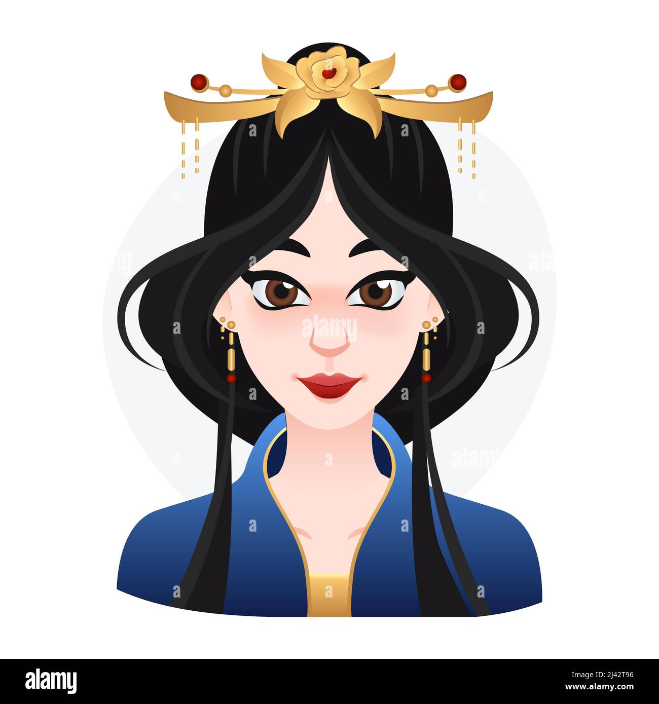 Caricature orientale femme belle. Cheveux longs noirs avec couronne sur le dessus. Illustration asiatique de princesse pour le Web, le jeu ou la publicité Illustration de Vecteur