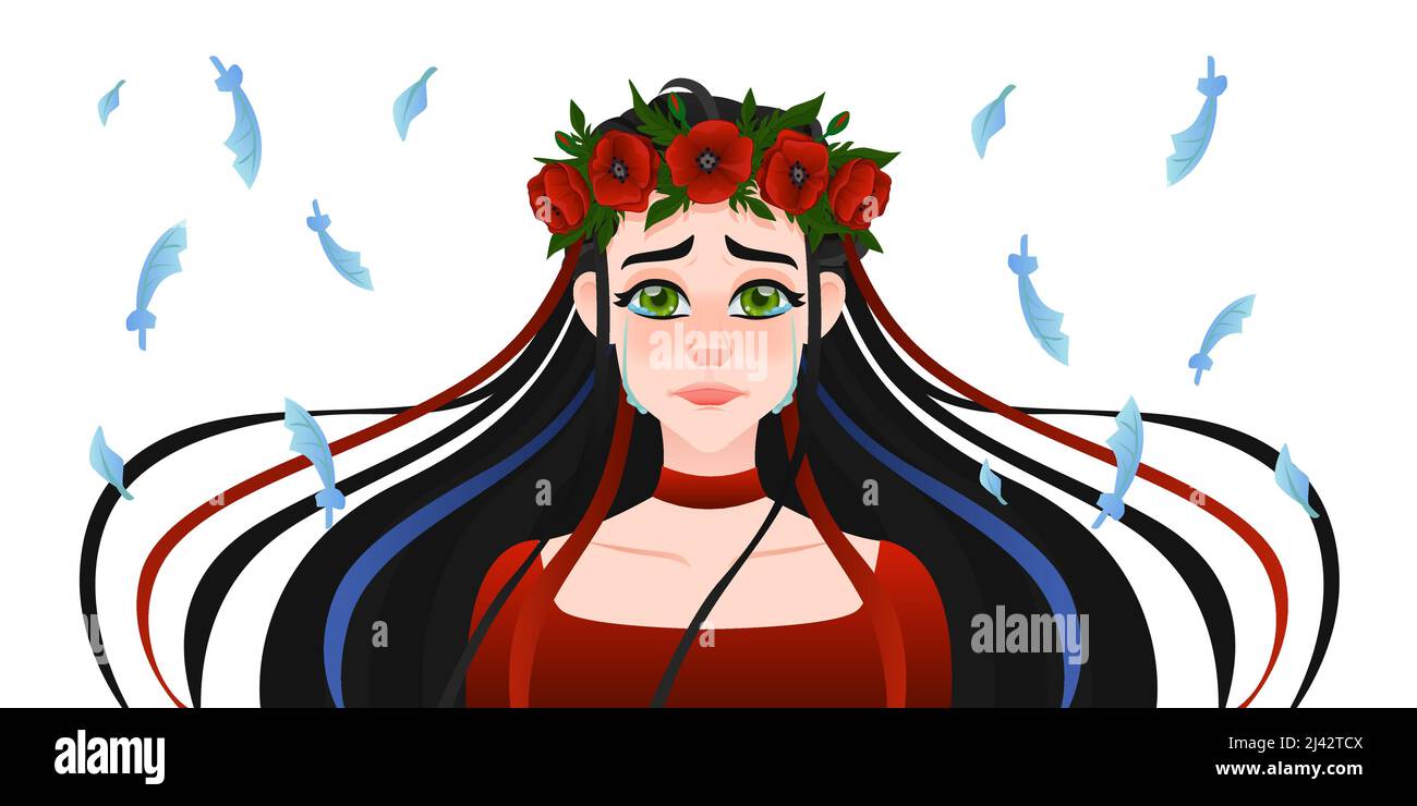 Jeune brune belle femme avec couronne de fleur sur la tête. Portrait avec des coquelicots et des plumes rouges. Rubans Illustration de Vecteur