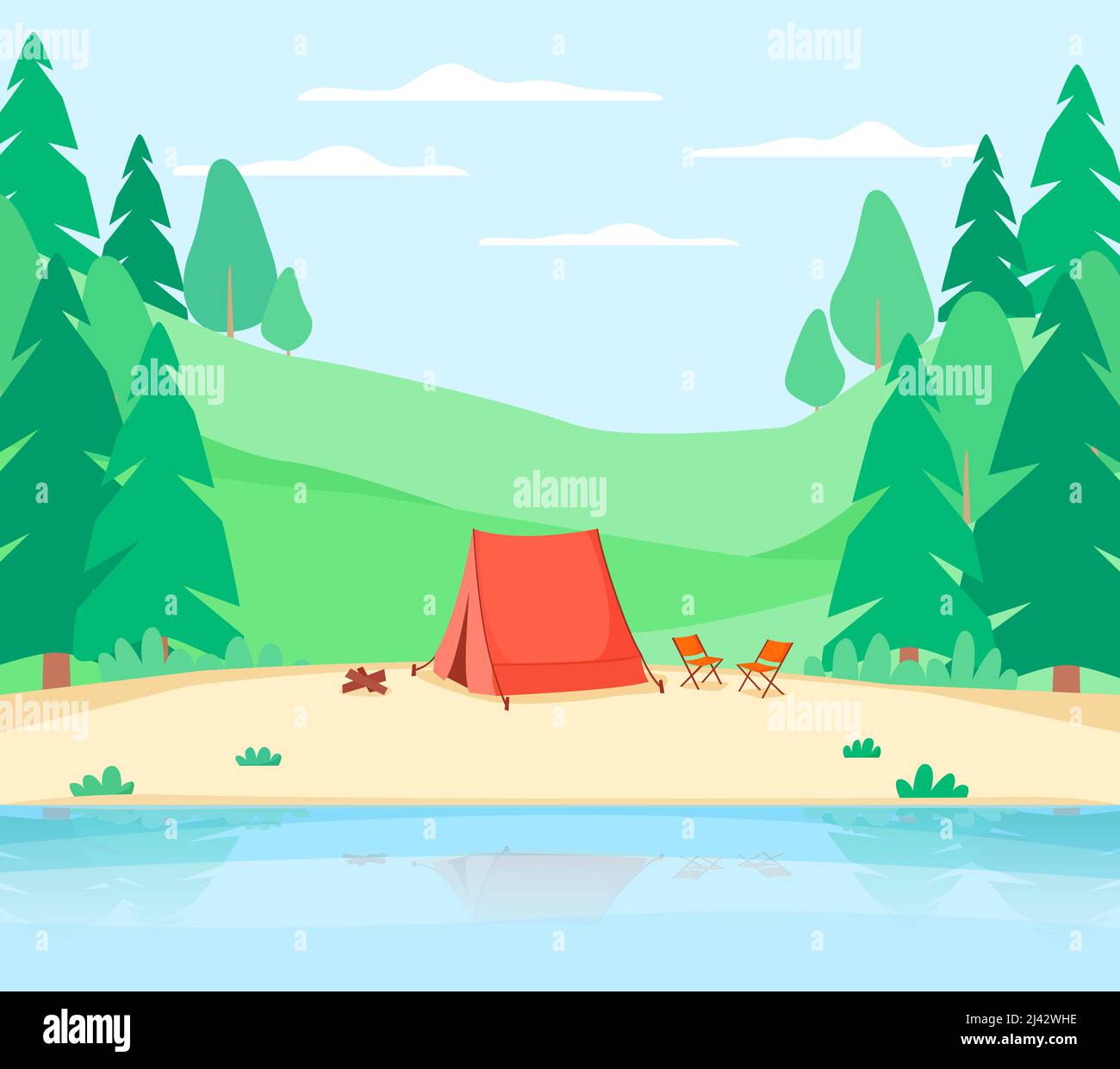 Paysage d'été avec forêt sur les collines près de la rivière. Parc national ou réserve avec lac. Arrière-plan naturel. Vecteur Illustration de Vecteur