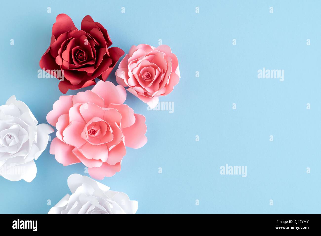 Roses en papier de couleur sur fond bleu. Copier l'espace. Carte de vœux. Fête des mères. Saint Valentin. Banque D'Images