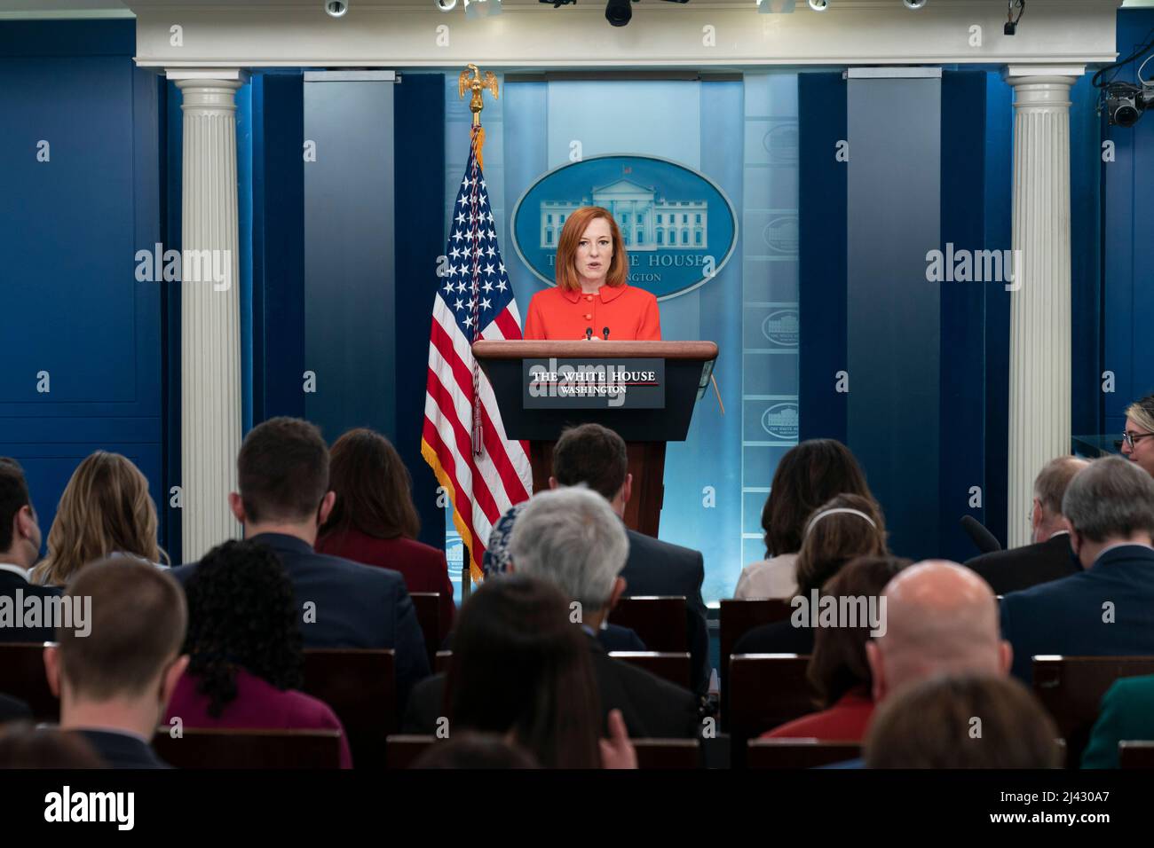 Washington, Vereinigte Staaten. 11th avril 2022. Le secrétaire de presse de la Maison Blanche, Jen Psaki, participe à une séance d'information à la Maison Blanche à Washington, DC, le 11 avril 2022. Credit: Chris Kleponis/Pool via CNP/dpa/Alay Live News Banque D'Images