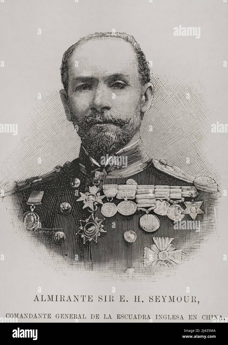 Edward Hobart Seymour (1840-1929). Amiral britannique. Commandant en chef de la Station de Chine. Portrait. Gravure. La Ilustración Española y Americana, 1898. Banque D'Images