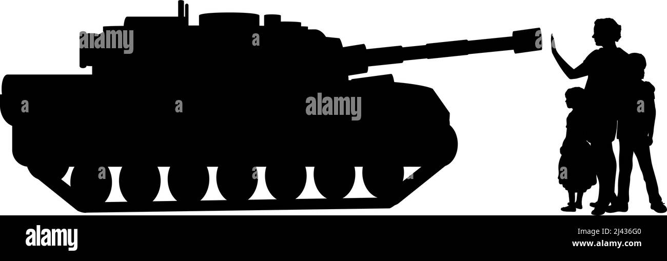 Silhouettes de femme avec enfants arrête le réservoir. Arrêter la guerre. Illustration de Vecteur