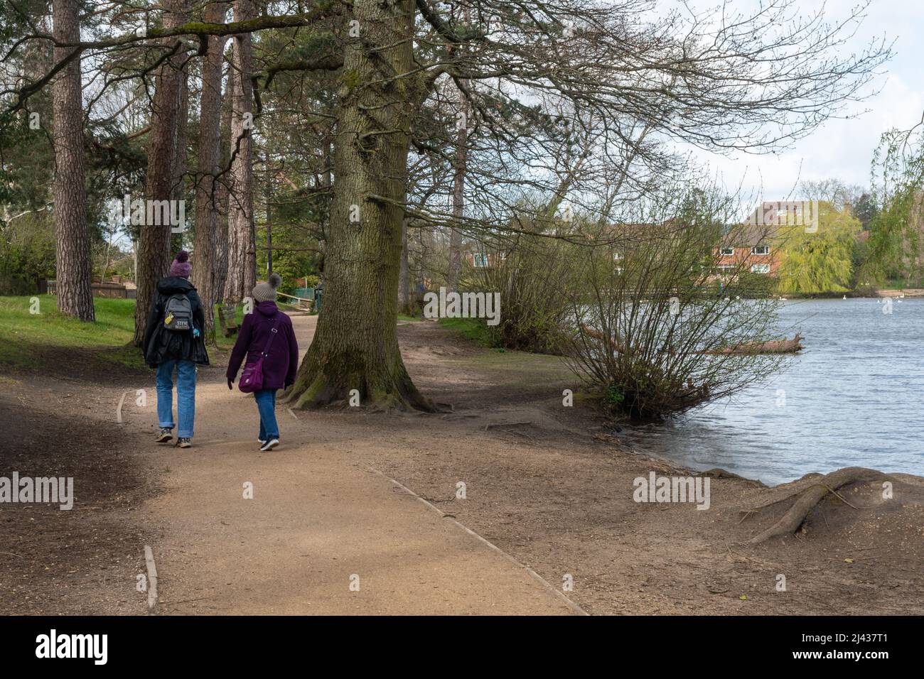 Petersfield Heath Pond, une attraction touristique et un site de la vie sauvage dans le Hampshire, Angleterre, Royaume-Uni, avec des personnes marchant sur un sentier autour de l'étang Banque D'Images