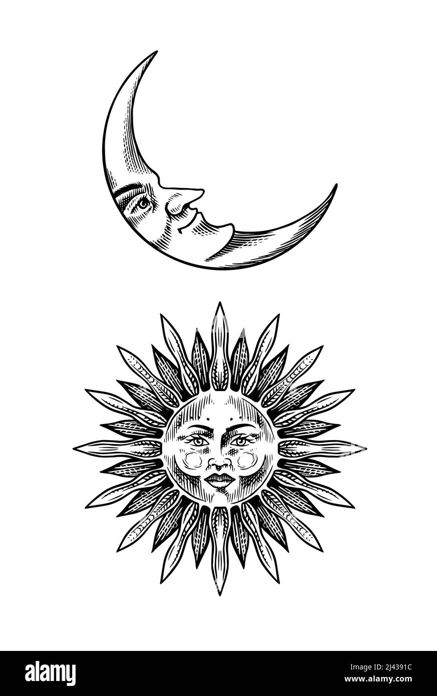 Esquisse ésotérique de Bohème. Soleil et une lune de croissant avec un visage. Croquis de gravure vintage pour les autocollants tatouage, tarot ou astrologie. Contour Doodle. Main Illustration de Vecteur