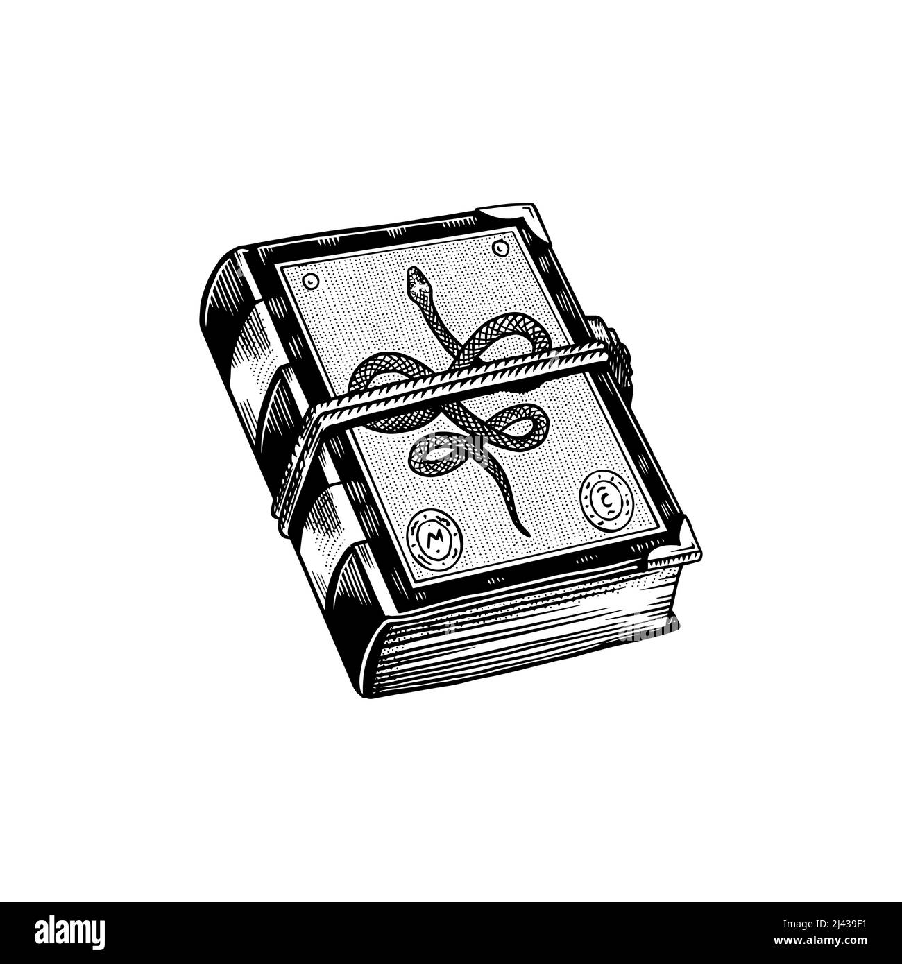 Livre magique de sorts avec un serpent sur la couverture. Croquis de Bohème. Gravure vintage élément mystique dans le style boho. Contour Doodle. Occulte ésotérique Illustration de Vecteur