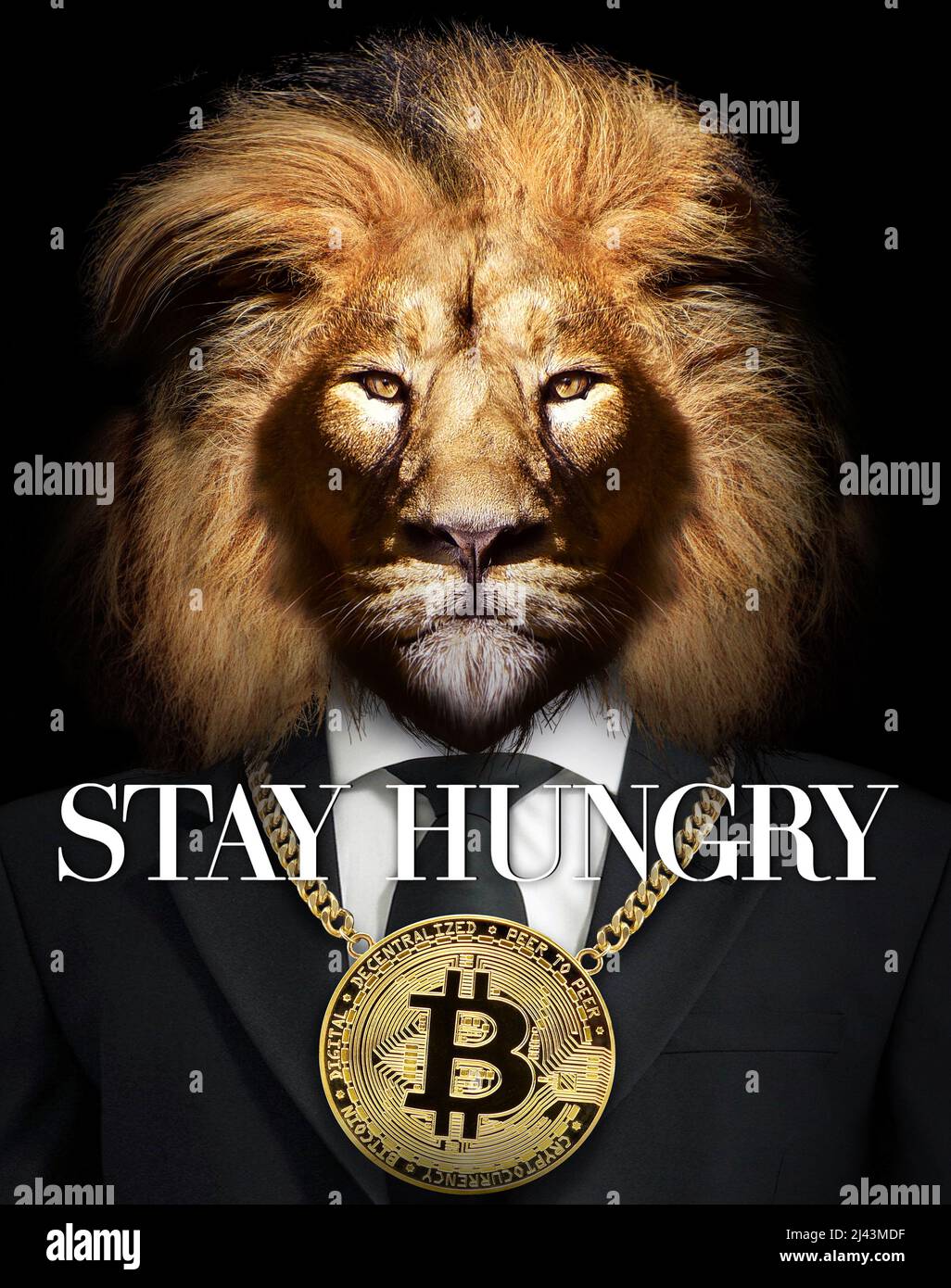 RESTEZ SOUS LE coup d'un LION AFFAMÉ avec Bitcoin autour de son cou, motivation Business Banque D'Images