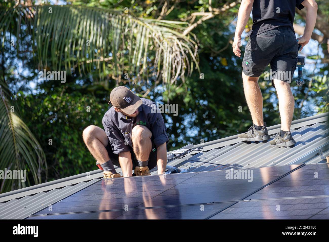 Les installateurs de PV solaire ajustent les panneaux solaires REC noir alpha sur le toit d'une propriété de Sydney,NSW,Australie Banque D'Images