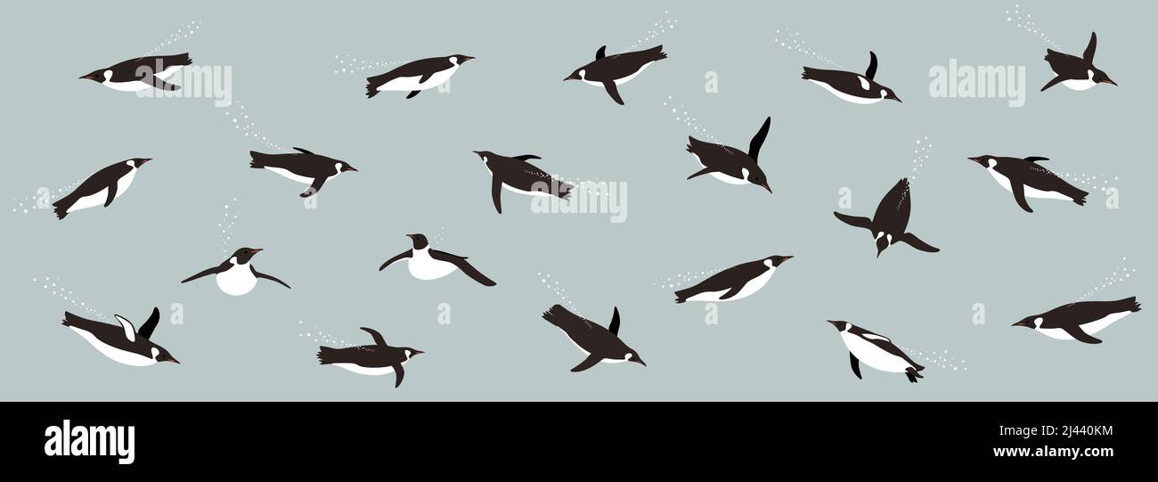Beaucoup de pingouins d'empereur nageant dans la mer avec diverses postures. Illustration de Vecteur