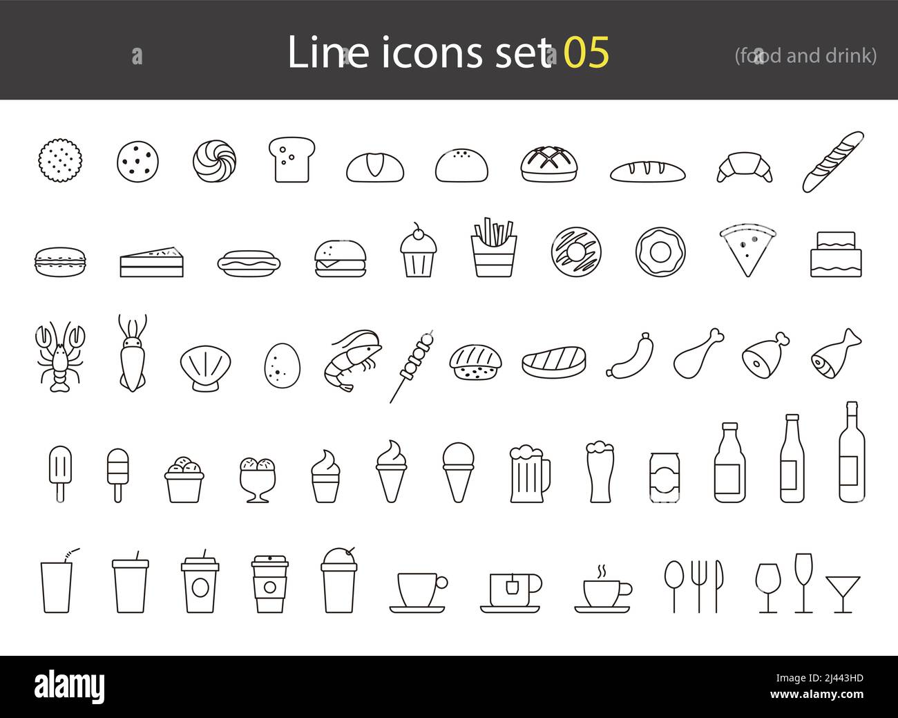 Ensemble d'icônes de la gamme d'aliments et de boissons, petit déjeuner, gâteau, repas, illustration vectorielle Illustration de Vecteur