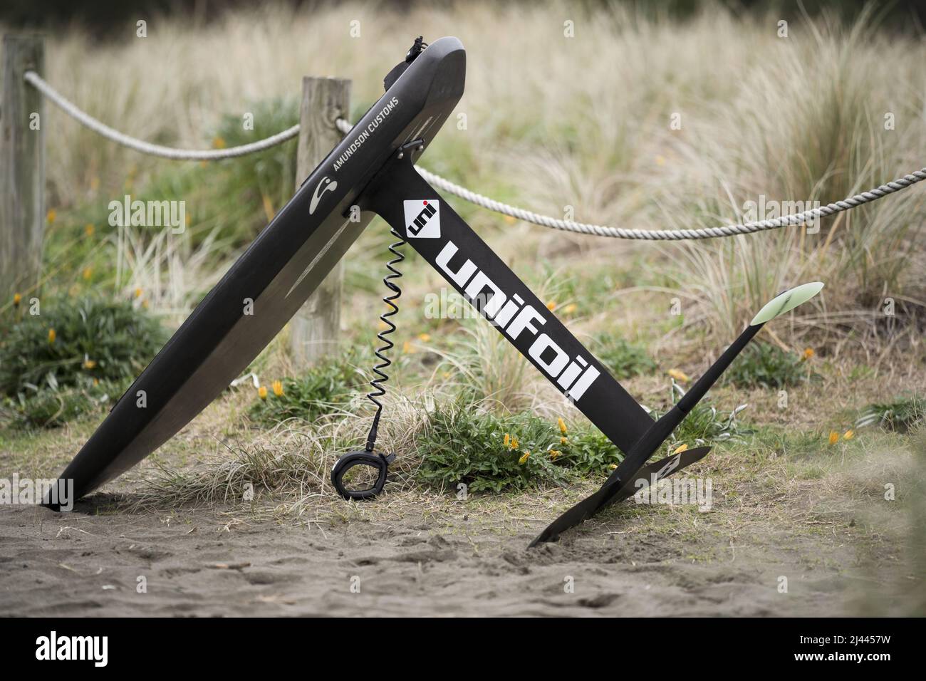 Une planche de surf hydrofoil en fibre de carbone avec hydrofoil en fibre de carbone et laisse se trouve sur le sable à Piha Beach, Auckland, Nouvelle-Zélande. Banque D'Images