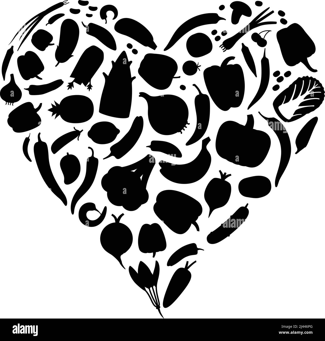 Ensemble d'icônes de fruits et de légumes dans l'illustration vectorielle en forme de cœur Illustration de Vecteur