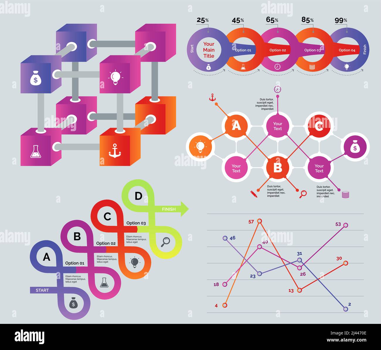 Jeu de diagrammes multicolores créatifs. Peut être utilisé pour le modèle de présentation, la conception Web, le rapport annuel. Concept d'entreprise. Diagramme de cube quatre option graphique F Illustration de Vecteur