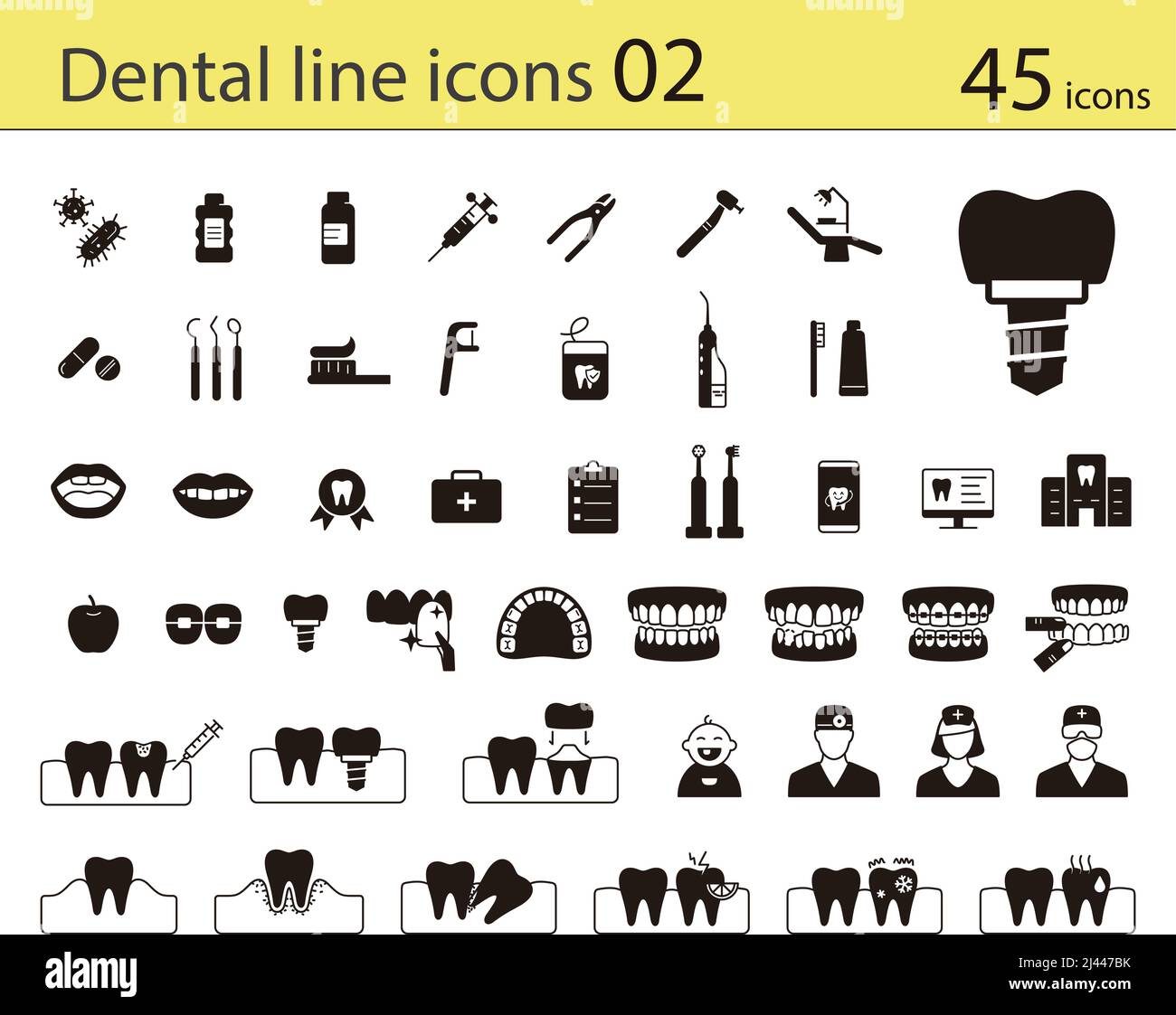 Icônes de ligne d'élément de soins dentaires et de clinique dentaire Illustration de Vecteur