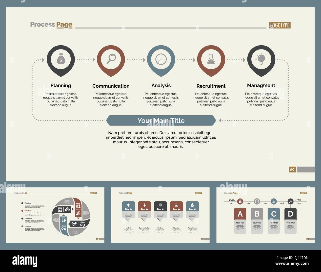 L'ensemble de conception d'infographies peut être utilisé pour la mise en page du flux de travail, le diagramme, le rapport annuel, la présentation, la conception Web. Concept d'entreprise et de gestion avec processus Illustration de Vecteur