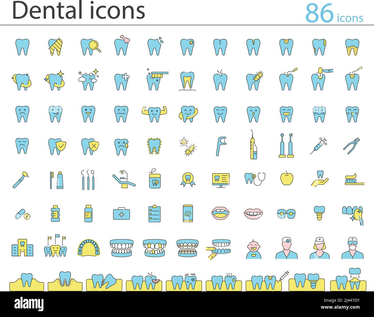 Icônes de ligne d'élément de soins dentaires et de clinique dentaire Illustration de Vecteur