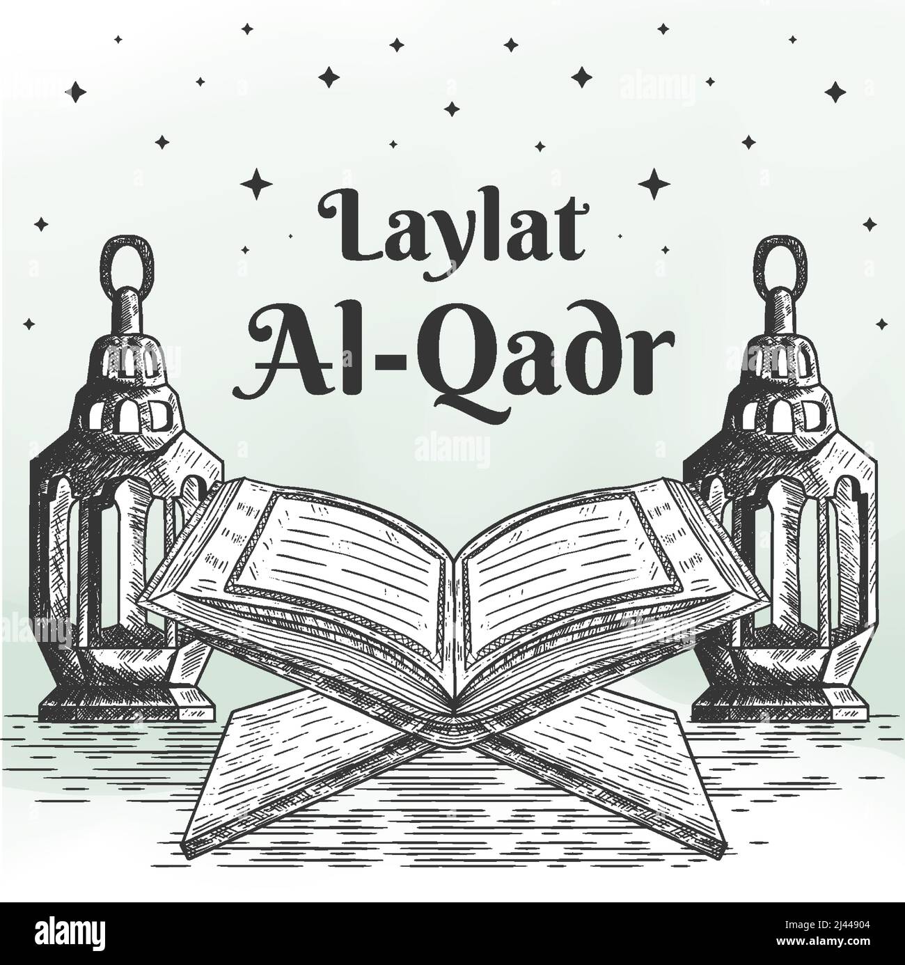 illustration laylat al-qadr dessinée à la main avec le coran et la lanterne Illustration de Vecteur