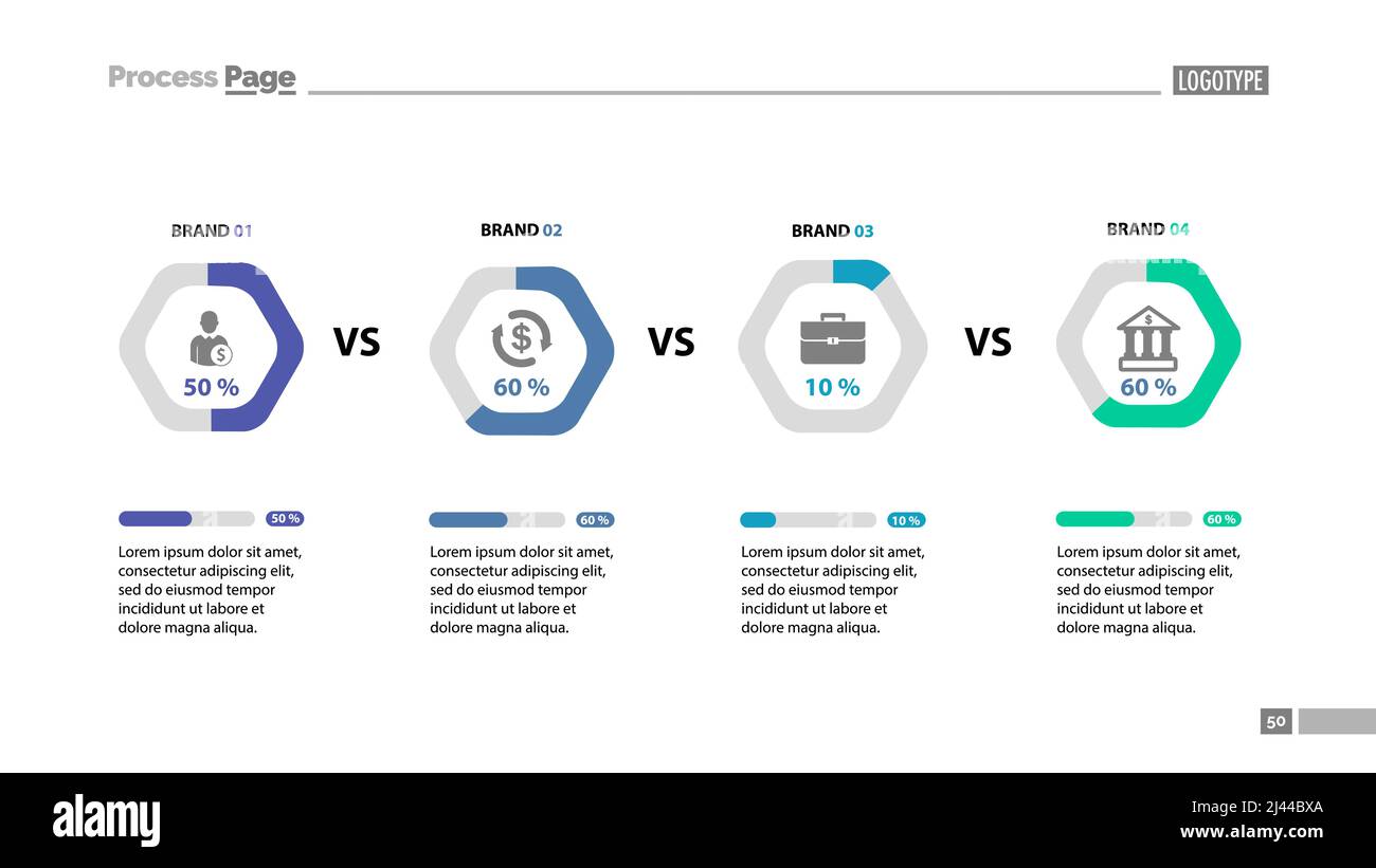 Quatre modèles de diapositives du tableau de comparaison des marques. Élément d'analyse, graphique, diagramme. Concept de présentation commerciale, modèles, rapport annuel. Peut être u Illustration de Vecteur