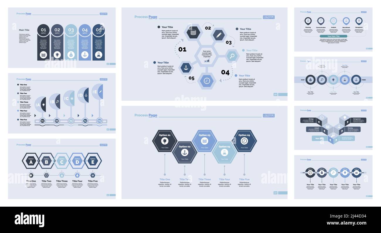 L'ensemble de développement peut être utilisé pour la présentation, les statistiques, le marketing. Concept de données d'entreprise avec options et diagrammes de comparaison, diagrammes de processus Illustration de Vecteur