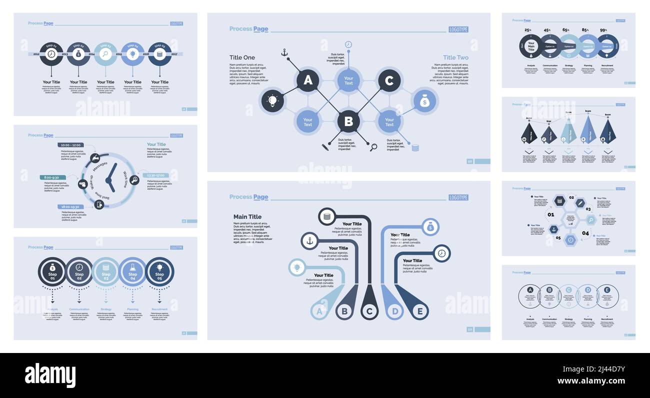 L'ensemble de conception d'infographies peut être utilisé pour la mise en page du flux de travail, le diagramme, le rapport annuel, la présentation, la conception Web. Concept d'entreprise et de gestion avec processus Illustration de Vecteur