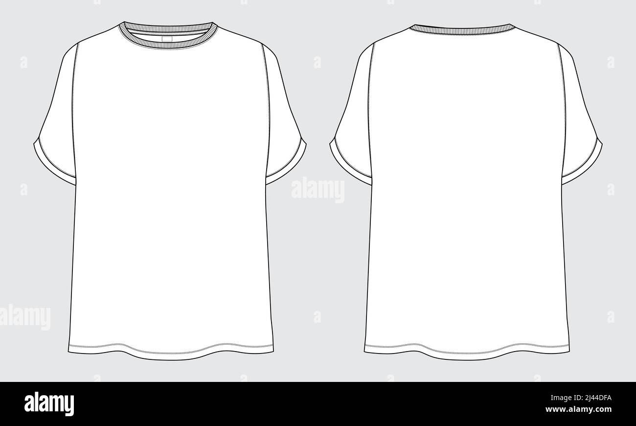 T-shirt surdimensionné hauts Chemisier technique mode dessin plat modèle d'illustration vectoriel vues du devant et du dos. Vêtements maquette de vêtements CAD pour femme Illustration de Vecteur