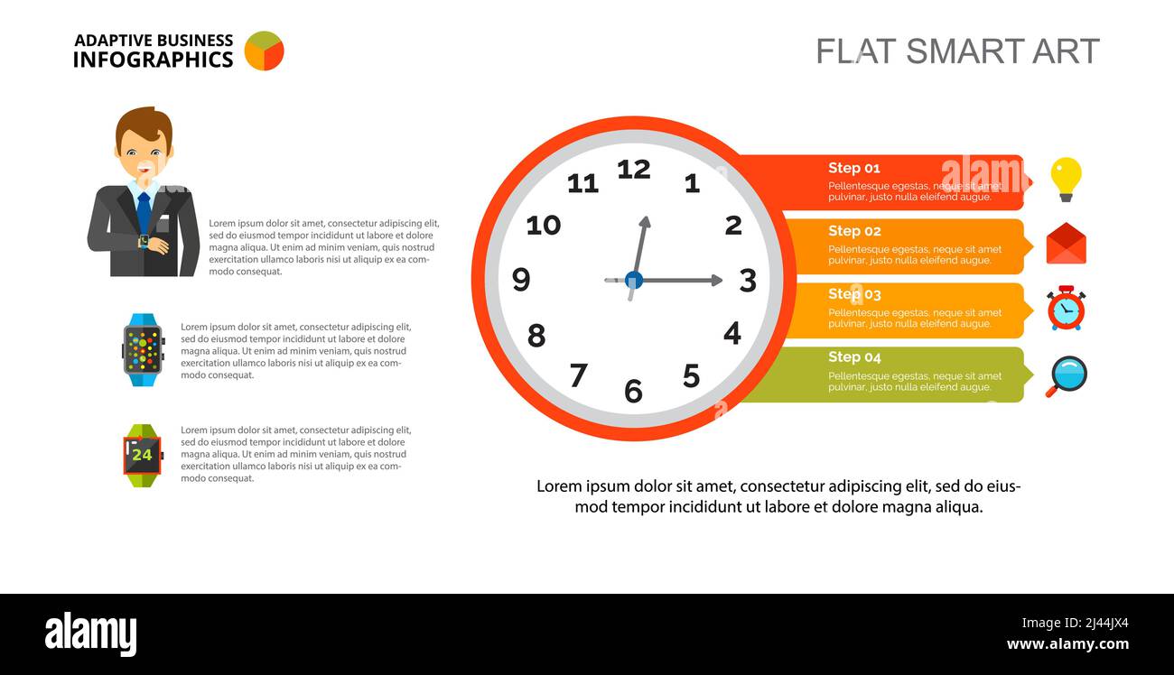 Diagramme d'horloge. Diagramme d'étapes, diagramme de processus, mise en page. Concept créatif pour l'infographique, la présentation, le projet. Peut être utilisé pour des sujets tels que l'entreprise, le plan Illustration de Vecteur