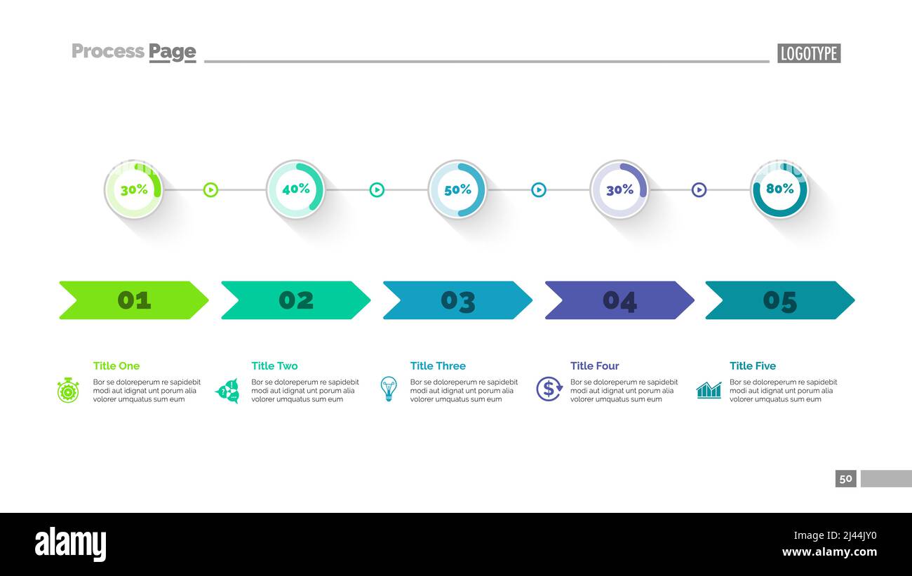 Modèle de diapositive de graphique de pourcentage de cinq options. Données d'entreprise. Flèche, diagramme, conception. Concept créatif pour l'infographie, la présentation. Peut être utilisé pour t Illustration de Vecteur