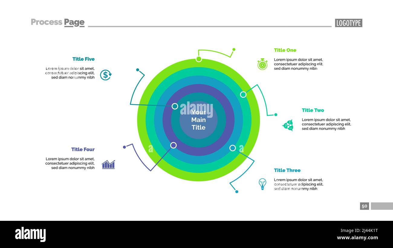Diagramme en anneau avec cinq éléments. Diagramme, modèle, mise en page. Concept créatif pour l'infographique, la présentation, le projet, le rapport. Peut être utilisé pour les rubriques Illustration de Vecteur